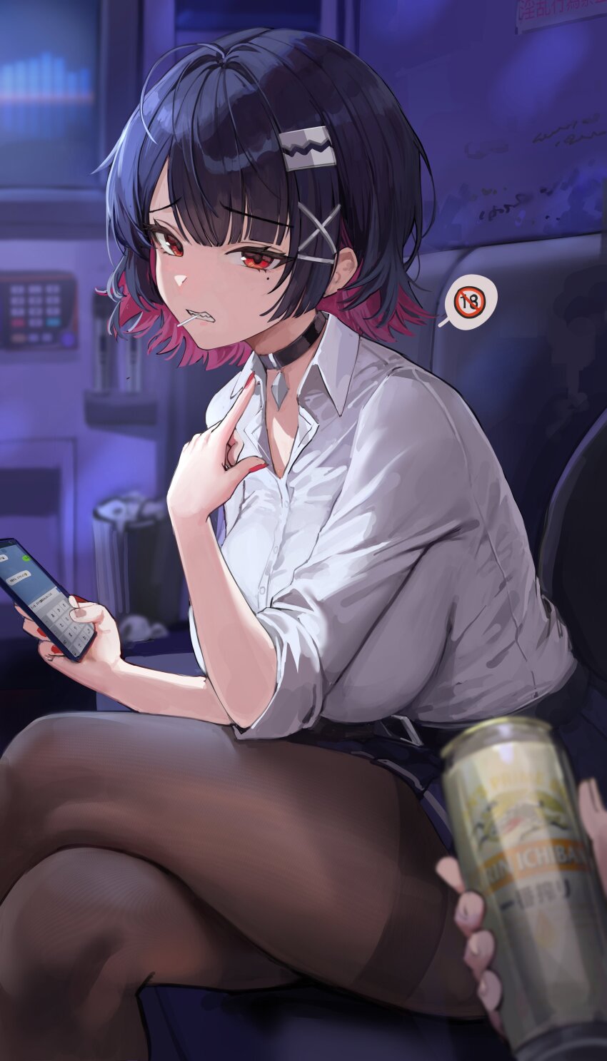 1girl 1other absurdres black_choker black_hair black_pantyhose can cellphone choker collared_shirt colored_inner_hair commentary_request crossed_legs ellen_joe highres holding holding_can holding_phone lillly lollipop_in_mouth long_sleeves looking_at_viewer mole mole_under_eye multicolored_hair nail_polish pantyhose phone pink_hair pov red_eyes red_nails shirt short_hair sitting smartphone solo_focus teeth thighband_pantyhose thighs two-tone_hair white_shirt zenless_zone_zero