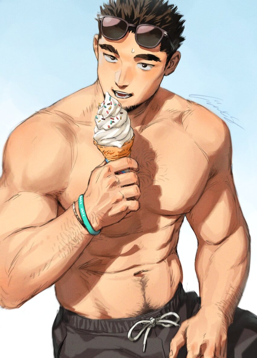 1boy abs arm_hair bara black_hair black_male_underwear bracelet brown_eyes commentary eyewear_on_head facial_hair food gentle2nd goatee highres holding holding_ice_cream_cone ice_cream ice_cream_cone jewelry looking_at_viewer male_focus male_swimwear male_underwear muscular muscular_male navel_hair nipples open_mouth original pectorals short_hair signature simple_background sitting solo sparse_chest_hair sprinkles sunglasses swim_trunks symbol-only_commentary thick_eyebrows topless_male underwear