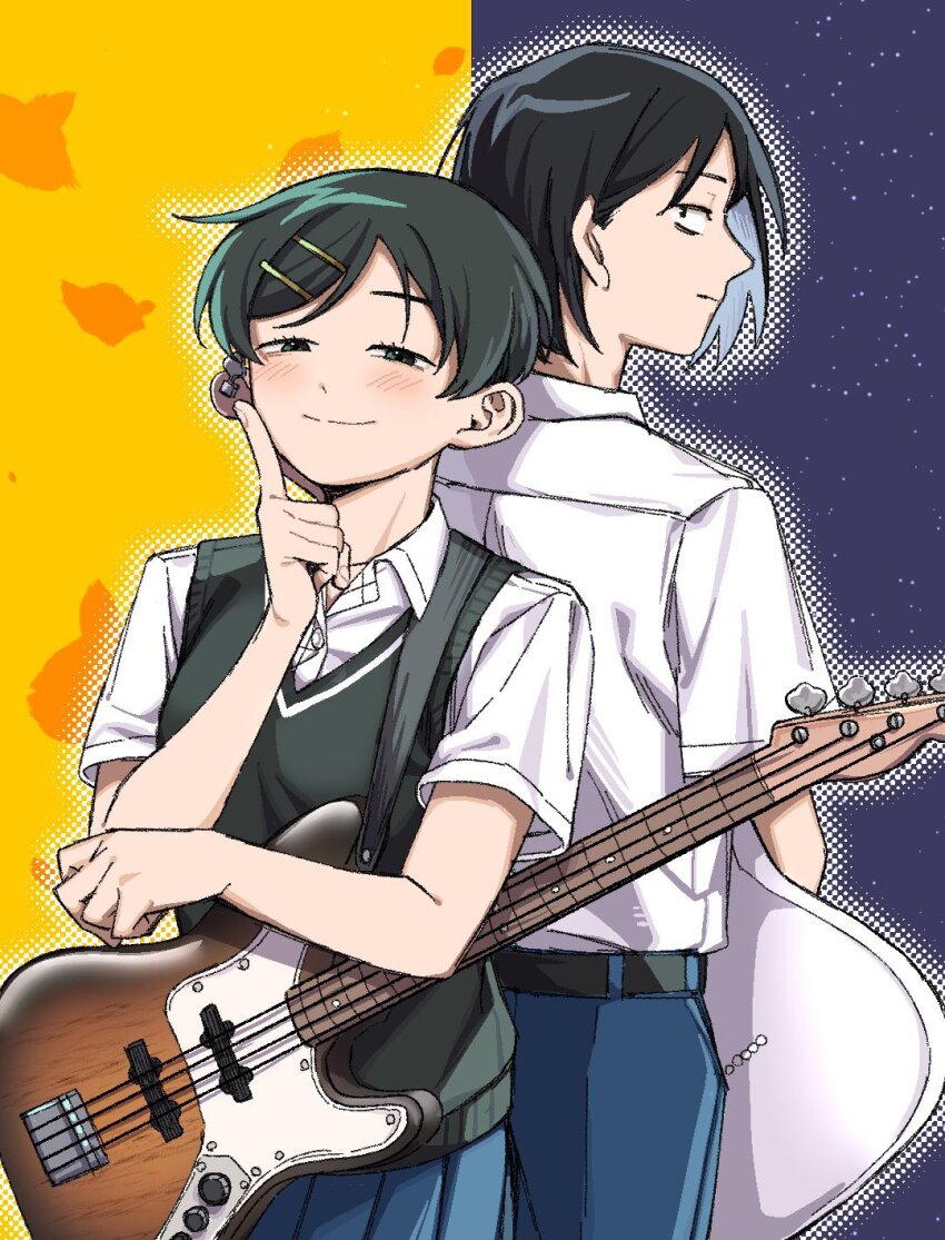1boy 1girl back-to-back bass_guitar belt black_belt black_eyes black_hair black_sweater_vest blue_pants blue_skirt blush closed_mouth collared_shirt commentary_request cousins dress_shirt bass_guitar fender_jazz_bass finger_to_cheek futsuu_no_keion-bu guitar_strap hair_ornament hairpin half-closed_eyes hand_up height_difference highres holding holding_bass_guitar holding_instrument index_finger_raised instrument kouyama_rin looking_at_viewer orange_background pants parted_bangs pixie_cut pleated_skirt purple_background rra_(yj) school_uniform shirt shirt_tucked_in short_hair short_sleeves skirt smile split_theme sweater_vest taguchi_ryuuya two-tone_background white_shirt wing_collar