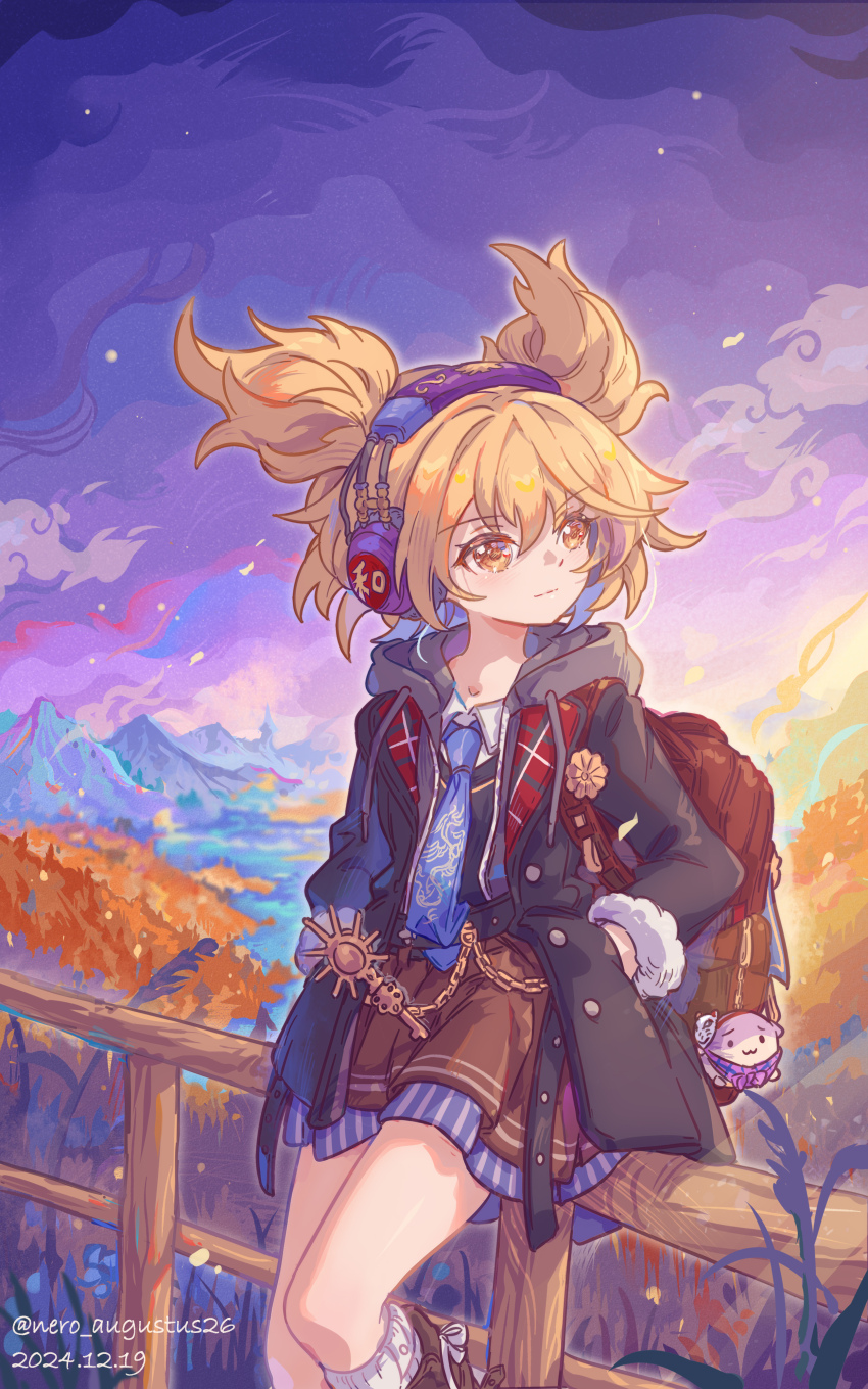 1girl absurdres against_railing alternate_costume backpack bag bag_charm belt black_belt black_coat blonde_hair blue_necktie boots brown_bag brown_boots chain charm_(object) chinese_commentary closed_mouth cloud cloudy_sky coat commentary_request contemporary dated feet_out_of_frame fur-trimmed_sleeves fur_trim gold_chain hata_no_kokoro headphones highres hood hood_down knee_boots long_sleeves looking_to_the_side miniskirt mountain multicolored_skirt necktie nero_augustus plant purple_sky railing short_hair skirt sky solo standing striped_clothes sukusuku_hakutaku touhou toyosatomimi_no_miko twitter_username two-sided_coat two-sided_fabric vertical-striped_clothes yellow_eyes