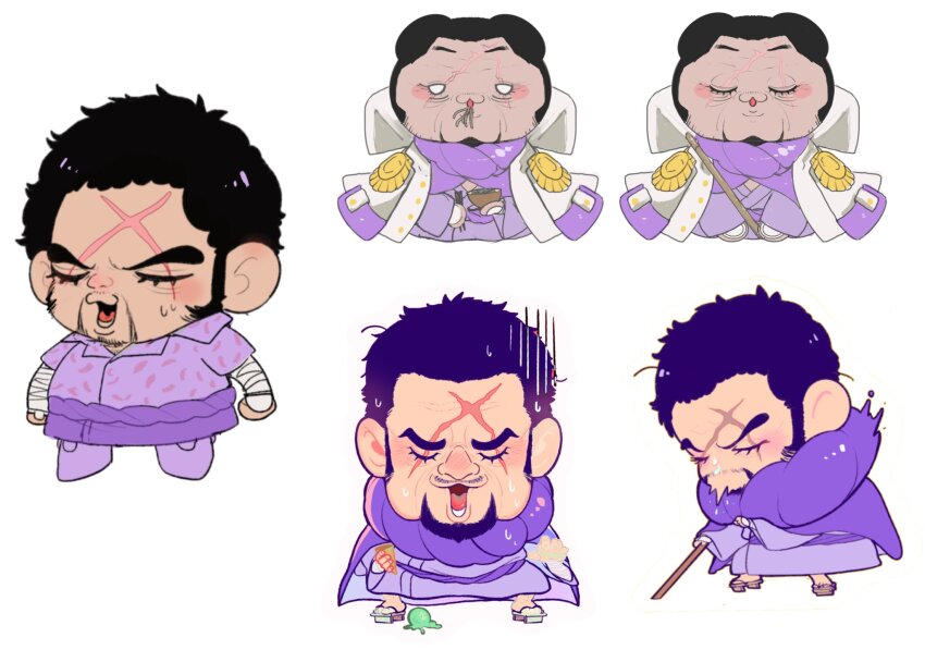 1boy black_hair blind chibi chibi_only coat collage facial_hair fujitora_(one_piece) highres kemonomimi_mode long_sideburns male_focus mature_male melting_ice_cream multiple_expressions mustache_stubble octo33 one_piece scar scar_across_eye scar_on_face scar_on_forehead short_hair sideburns simple_background sneezing stubble turn_pale white_background wrinkled_skin