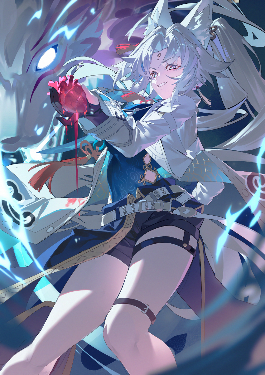 1girl absurdres aqua_eyes aqua_shirt bare_legs black_gloves black_shorts blood chinese_clothes earrings feixiao_(honkai:_star_rail) forehead_jewel fox fox_girl fox_tail gloves grey_hair heart_(organ) highres holding_heart_(organ) honkai:_star_rail honkai_(series) jacket jewelry long_hair lushi_jin_up parted_lips partially_fingerless_gloves shirt shorts smile tail thigh_strap white_jacket
