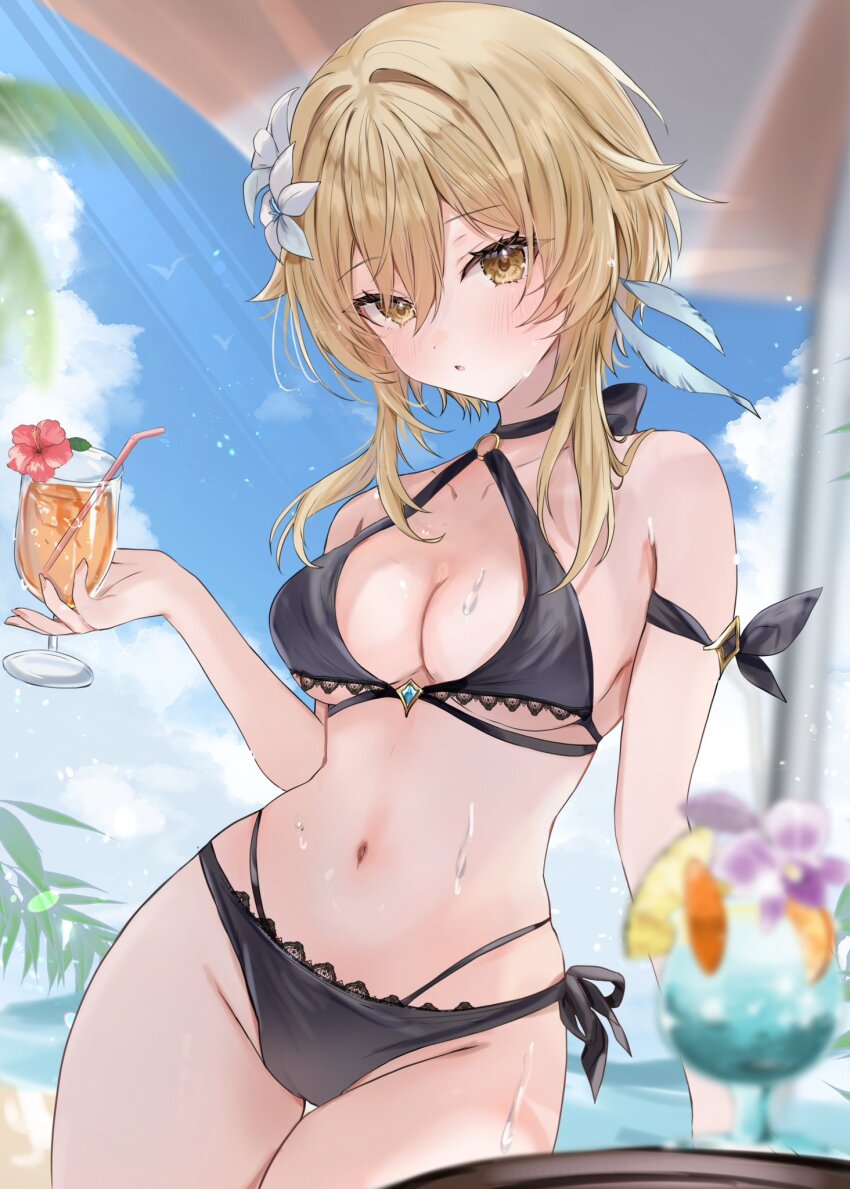 1girl beach bikini black_bikini blonde_hair blue_sky breasts commentary_request cup flower genshin_impact hair_flower hair_ornament highres holding holding_cup lace lace-trimmed_bikini lace_trim looking_at_viewer lumine_(genshin_impact) maruro medium_breasts navel o-ring o-ring_top parted_lips short_hair_with_long_locks sky solo stomach swimsuit thigh_gap wet yellow_eyes
