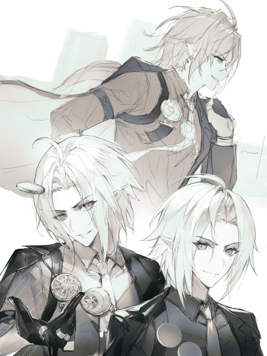 1boy ahoge arm_out_of_sleeve banggoonet bicep_strap black_coat black_gloves blonde_hair coat coin commentary_request from_side gloves gold_ring greyscale highres hugo_vlad light_smile long_hair looking_at_viewer male_focus medallion mole mole_under_eye monochrome multiple_riders multiple_views necktie parted_lips pointy_ears shirt throwing upper_body v-shaped_eyebrows white_background zenless_zone_zero