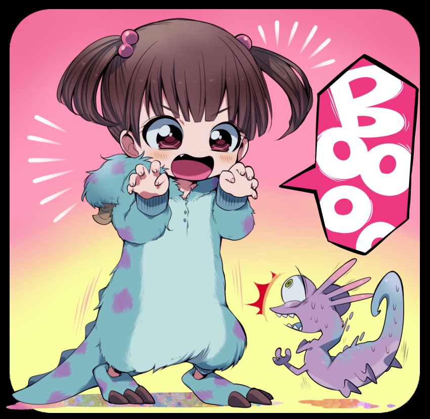 1boy 1girl ^^^ animification boo_(monsters_inc.) brown_hair character_hood child claw_pose cosplay costume fang gradient_background hair_bobbles hair_ornament highres ikuchi_osutega james_p._sullivan james_p._sullivan_(cosplay) kigurumi monster monsters_inc. pink_eyes randall_boggs scared short_twintails twintails