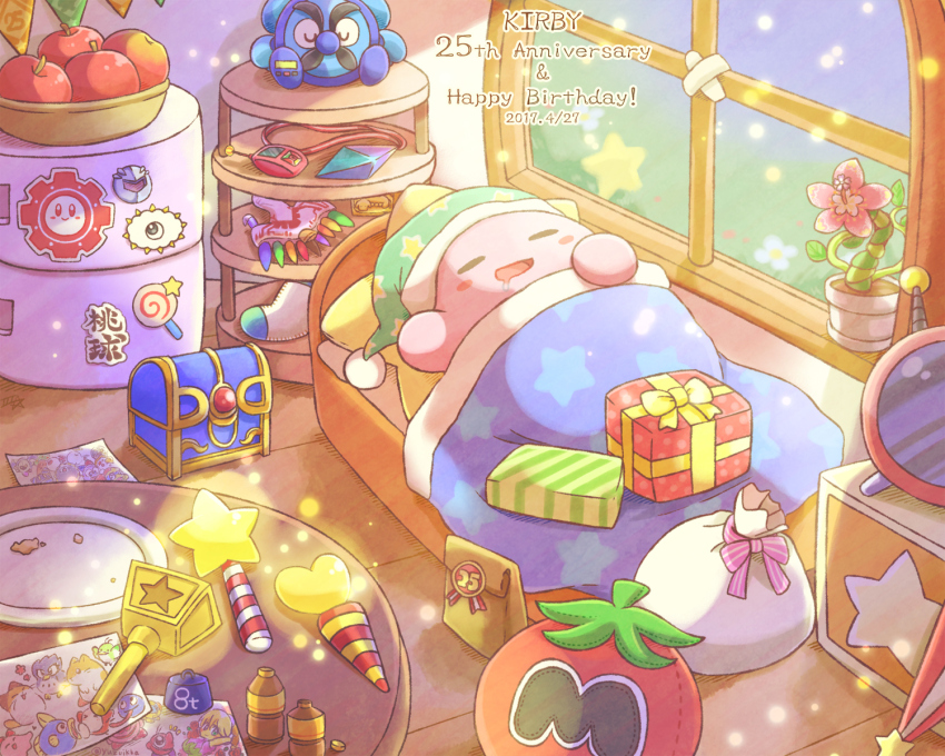 anniversary apple artist_name bag basket bed blush blush_stickers bottle bow box candy character_request chuchu_(kirby) clock closed_eyes closed_umbrella commentary_request coo_(kirby) crumbs crystal dark_matter_(kirby) dated dragoon_(kirby) drawing_(object) dreamstalk drooling flower flower_pot food fruit fumu_(kirby) gift gift_box glowing gooey_(kirby) green_headwear happy_birthday hat heart highres indoors invincible_candy kine_(kirby) king_dedede kirby kirby&#039;s_dream_land_3 kirby:_right_back_at_ya kirby:_triple_deluxe kirby_(series) kirby_64 kirby_air_ride kirby_squeak_squad kracko light_particles light_rays lollipop love_love_stick lying magnet magolor marx_(kirby) maxim_tomato meta_knight mr._tick_tock nago_(kirby) nightcap nintendo no_humans on_back on_bed open_mouth paper paper_bag parasol pillow pink_bow pink_flower pink_ribbon pitch_(kirby) plant plate potted_plant refrigerator refrigerator_magnet ribbon rick_(kirby) sack samsung_(yuzuikka) shelf sleeping smile star-shaped_pillow star_(symbol) star_block star_print star_wand string_of_flags stuffed_toy swirl_lollipop table television treasure_chest triple_star twitter_username umbrella under_covers waddle_dee waddle_doo walkie-talkie wand whispy_woods white_flower window wooden_floor zero_(kirby) zero_two_(kirby)