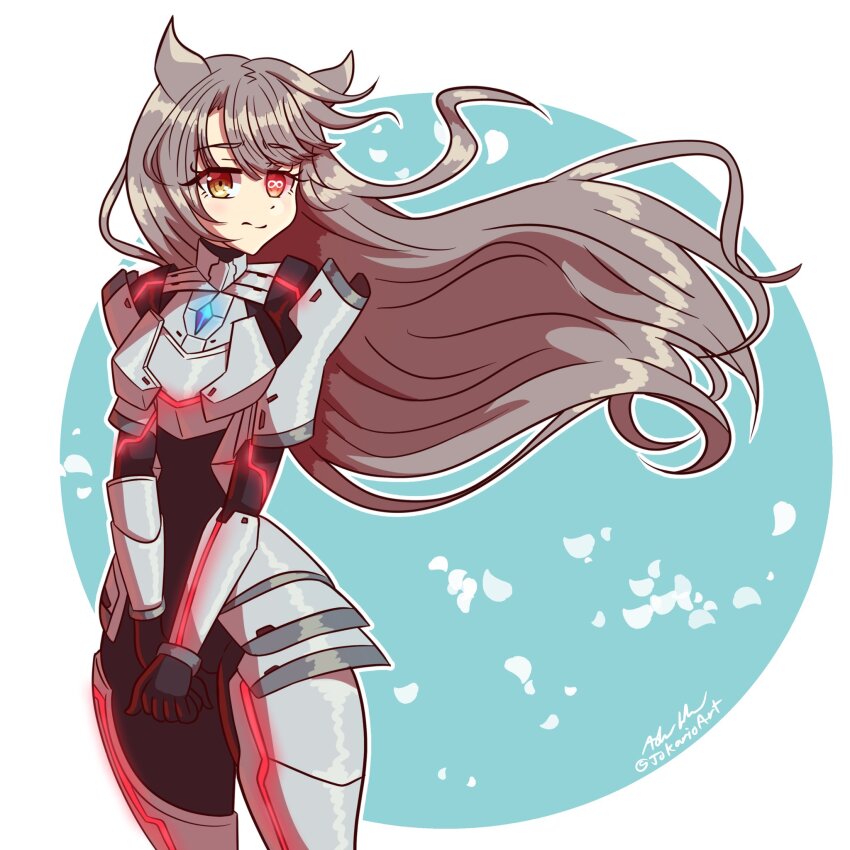 1girl animal_ears aqua_background armor chest_jewel falling_petals floating_hair gloves grey_hair heterochromia jokarioart m_(xenoblade) nervous petals serious xenoblade_chronicles_(series) xenoblade_chronicles_3
