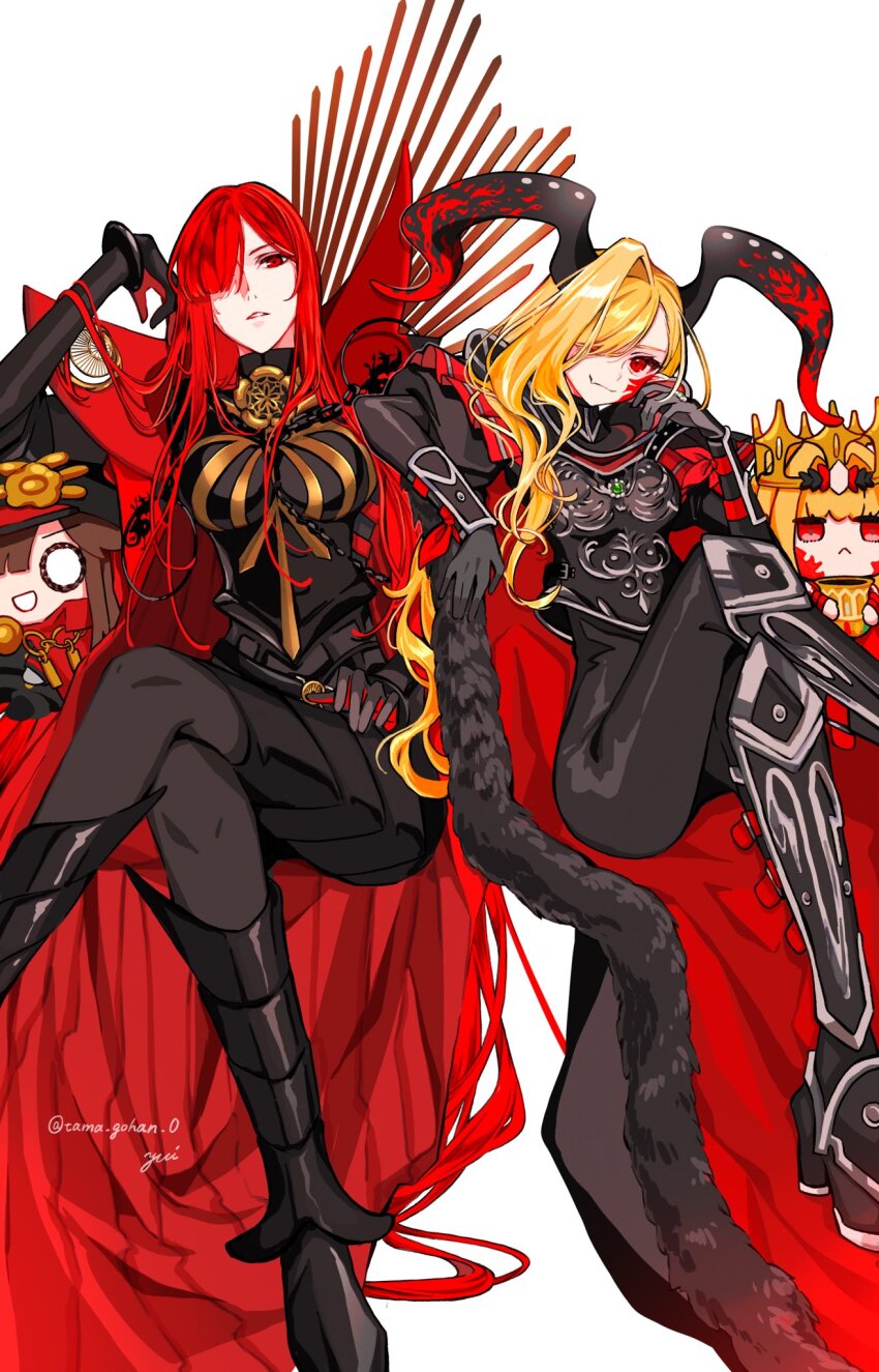 2girls armor armored_bodysuit armored_boots black_armor black_bodysuit black_gloves black_horns blonde_hair bodysuit boots breasts buster_shirt cape chain collared_cape crest crossed_legs dragon_horns facial_mark family_crest fate/grand_order fate_(series) fur-trimmed_cape fur_trim gloves hair_over_one_eye highres horns large_breasts long_hair long_horns looking_at_viewer medallion multiple_girls nero_claudius_(fate) oda_nobunaga_(fate) oda_nobunaga_(maou_avenger)_(fate) oda_uri pointy_ears popped_collar pteruges queen_draco_(fate) queen_draco_(third_ascension)_(fate) red_cape red_eyes red_hair red_scales shoulder_plates sitting smile tight_top very_long_hair wavy_hair yui_(tamagohan)