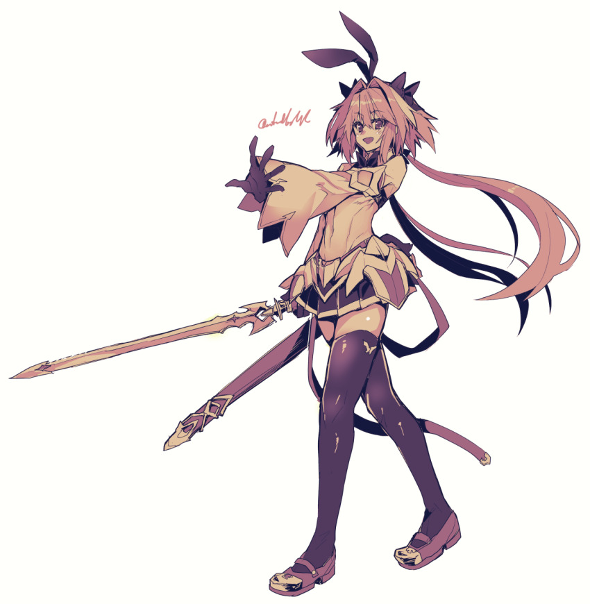 1boy astolfo_(fate) astolfo_(saber)_(fate) astolfo_(saber)_(first_ascension)_(fate) blush detached_sleeves fate/apocrypha fate/grand_order fate_(series) full_body gloves hair_intakes haoro highres holding holding_sword holding_weapon layered_skirt linea_alba long_hair male_focus monochrome multicolored_hair navel pleated_skirt scabbard sheath signature simple_background skirt smile solo streaked_hair sword thighhighs trap twintails two-tone_hair very_long_hair walking weapon white_background wide_sleeves