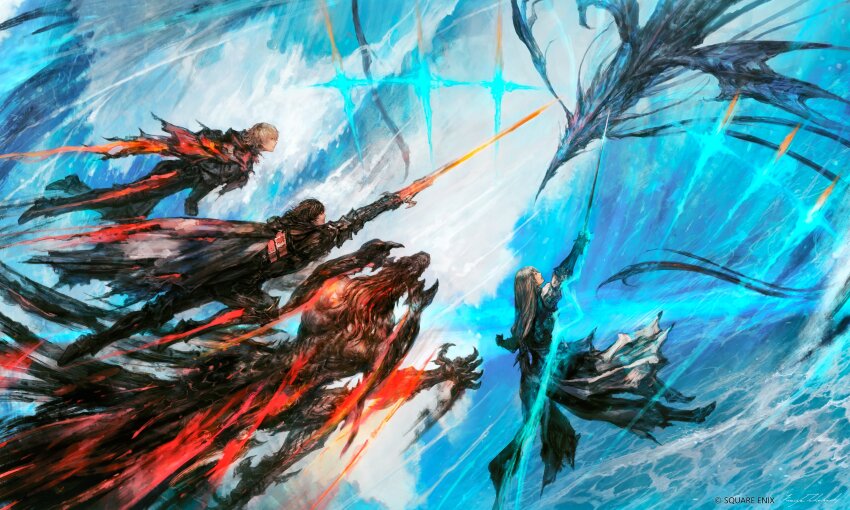 1girl 2boys absurdres black_hair blonde_hair cape claws clive_rosfield dual_persona final_fantasy final_fantasy_xvi glowing glowing_sword glowing_weapon grey_hair highres ifrit_(final_fantasy) jill_warrick joshua_rosfield leviathan_(final_fantasy) multiple_boys official_art pointing_melee_weapon pointing_sword sword takahashi_kazuya water weapon