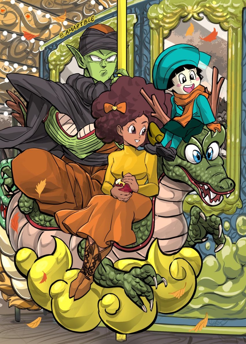 1boy 2girls afro alien amartbee apple black_hair blue_eyes blush_stickers brown_hair cape child colored_skin dark-skinned_female dark_skin dragon dragon_ball dragon_ball_super dragon_ball_super_super_hero falling_leaves fangs fantasy flying food fruit green_skin hat highres holding holding_food indian_style janet_(dragon_ball) leaf legs_together multiple_girls muscular open_mouth pan_(dragon_ball) piccolo pointy_ears apple riding riding_animal shenron short_hair sitting smile turban
