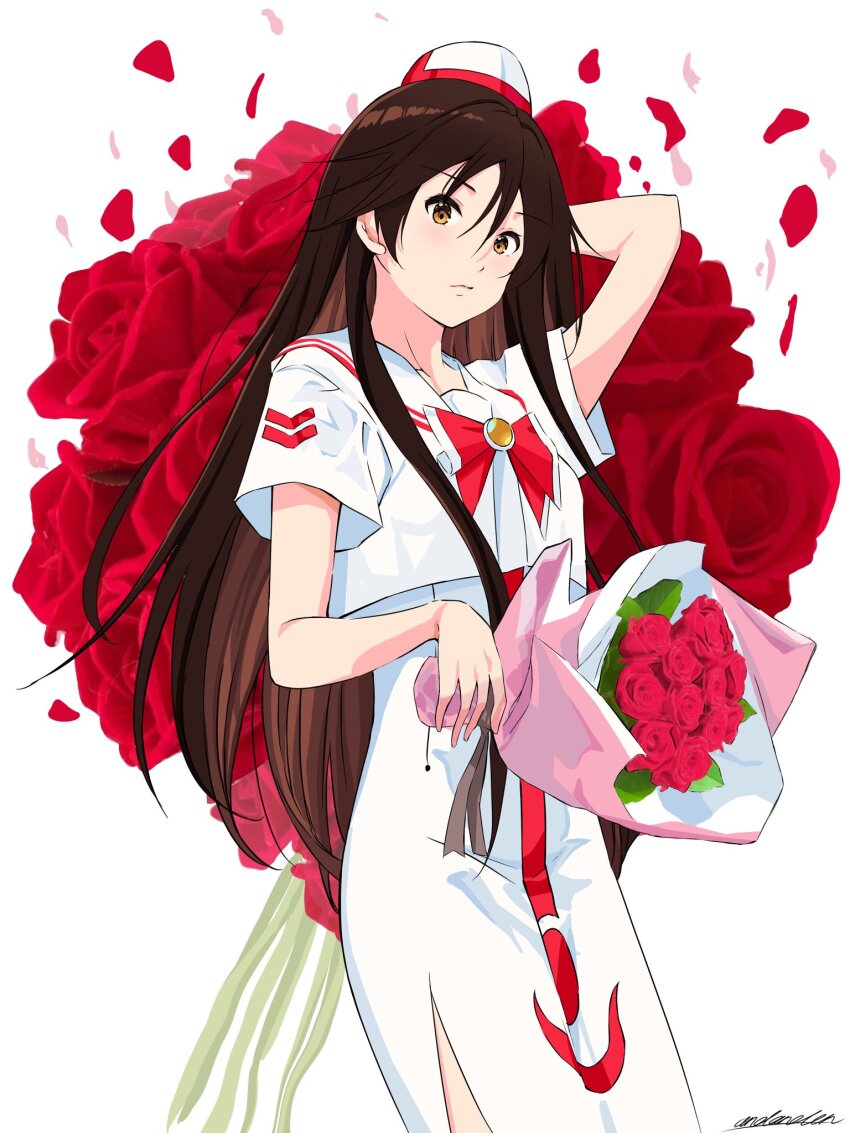 1girl akira_ferrari andanden aria_(manga) arm_up blush bouquet bow bowtie brown_eyes brown_hair closed_mouth collarbone cowboy_shot dress eyelashes falling_petals flower hair_between_eyes highres himeya_company_uniform holding holding_bouquet long_hair looking_at_viewer petals red_bow red_bowtie red_flower red_headwear red_rose rose rose_petals sailor_collar short_sleeves side_slit signature solo two-tone_headwear white_background white_dress white_headwear