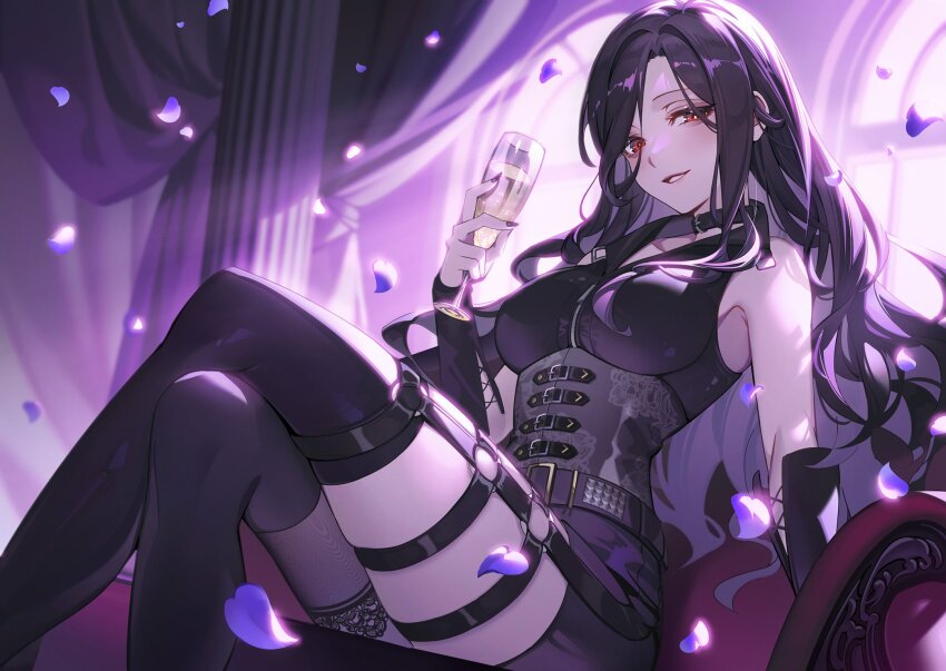 1girl alcohol asymmetrical_legwear belt black_choker black_corset black_hair breasts choker colored_inner_hair commission corset crossed_legs cup drinking_glass glass highres holding holding_cup lace lace-trimmed_legwear lace_trim long_hair looking_at_viewer miniskirt multicolored_hair nijisanji noir_eku orange_eyes purple_hair second-party_source shirayuki_tomoe shirayuki_tomoe_(9th_costume) shorts sitting skirt smile smug solo thighhighs virtual_youtuber wine wine_glass