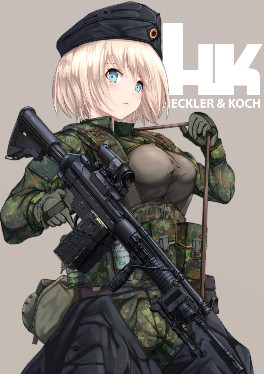 1girl absurdres assault_rifle battle_rifle bipod blonde_hair blue_eyes camouflage commentary dai_toro female_focus foregrip garrison_cap gloves gun h&amp;k_g3 hat heckler_&amp;_koch highres military military_hat original rifle scope short_hair simple_background solo weapon