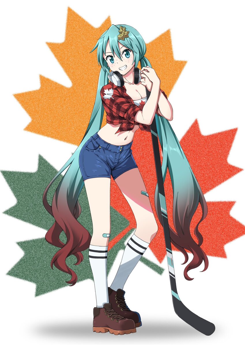 1girl alternate_hairstyle aqua_hair artist_collaboration bandaid bandaid_on_leg blue_shorts breasts brown_footwear canada canadian_flag canadian_flag_print cleavage commentary cropped_shirt denim denim_shorts english_commentary flag_print freckles full_body gradient_hair greg_mikaels grin hair_ornament hatsune_miku headphones headphones_around_neck highres hockey_stick leaf leaf_hair_ornament leaf_print long_hair low_twintails maple_leaf maple_leaf_print medium_breasts multicolored_hair nadrasu navel plaid_clothes plaid_shirt red_hair red_shirt second-party_source shirt shorts simple_background smile socks solo strapless thighs tube_top twintails very_long_hair vocaloid white_socks white_tube_top