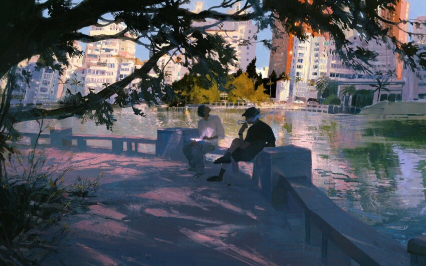 2boys building highres lake leaf li_cheng_(woshilicheng) multiple_boys original park sitting sky smoking xiamen