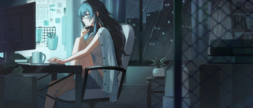 1girl absurdres aqua_eyes aqua_hair arm_out_of_sleeve barefoot black-framed_eyewear blurry blurry_foreground book bookshelf box breasts calendar_(object) cardboard_box cardigan chain-link_fence chair cityscape clock closed_mouth coffee_mug collared_shirt commentary_request computer_keyboard concentrating cup depth_of_field desk digital_clock dress_shirt expressionless fence fluffy_hair foot_out_of_frame glasses grey_shorts hair_over_shoulder hand_on_own_chin hand_up highres indoors knee_up large_breasts long_hair long_sidelocks looking_at_screen monitor mug night office_chair open_cardigan open_clothes original outstretched_hand pen pile_of_books plant potted_plant rain ribbed_shirt scissors segment_display semi-rimless_eyewear shelf shirt shorts sidelocks sitting skyline sleeveless sleeveless_shirt stuffed_animal stuffed_frog stuffed_toy swivel_chair tsukimoritsuki typing under-rim_eyewear unworn_shirt vines water_drop water_on_glass wavy_hair white_cardigan white_shirt