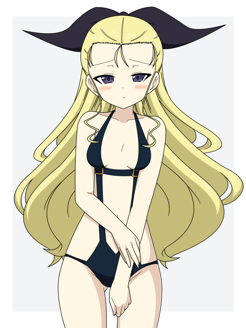 1girl assam_(girls_und_panzer) black_slingshot_swimsuit blonde_hair blue_eyes blush breasts closed_mouth collarbone embarrassed girls_und_panzer hair_ribbon highres ichinose_jun long_hair looking_at_viewer navel ribbon simple_background slingshot_swimsuit small_breasts solo swimsuit white_background