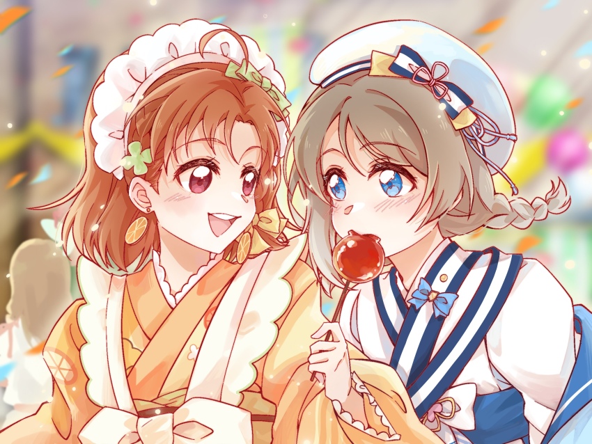 ahoge alphive blue_eyes blurry blurry_background blush bow braid brown_hair chika_(genjitsu_no_yohane) clover dress earrings fairy food four-leaf_clover frills from_side fruit genjitsu_no_yohane grey_hair hanamaru_(genjitsu_no_yohane) hat headress highres japanese_clothes jewelry kimono kunikida_hanamaru kurosawa_ruby long_hair looking_at_another love_live! love_live!_sunshine!! multiple_girls open_mouth orange_(fruit) orange_hair red_eyes ribbon ruby_(genjitsu_no_yohane) short_hair short_twintails simple_background smile takami_chika twintails watanabe_you you_(genjitsu_no_yohane) yuri