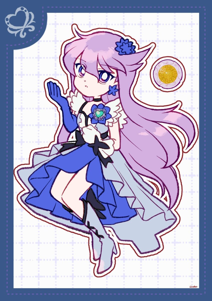 1girl asymmetrical_gloves black_bow blue_border blue_flower blue_gloves blue_rose blue_skirt boots border bow bright_pupils brooch center_frills clenched_hand cure_moonlight dot_nose dotted_line dress earrings elbow_gloves expressionless eyelashes eyes_visible_through_hair flower flower_brooch flower_earrings footwear_bow frilled_dress frilled_gloves frills full_body gloves green_brooch grey_boots grey_dress grid_background hair_between_eyes hair_flower hair_ornament hand_up heart heart_brooch heartcatch_precure! high_heel_boots high_heels highres jewelry knee_boots lace-up_boots long_dress long_hair long_skirt looking_at_viewer mismatched_gloves outline parted_lips pleated_skirt precure purple_eyes purple_hair rose signature single_elbow_glove skirt skirt_under_dress sleeveless sleeveless_dress solo standing swept_bangs tsurime uwded_207 very_long_hair waist_bow white_background white_gloves white_outline white_pupils wrist_bow