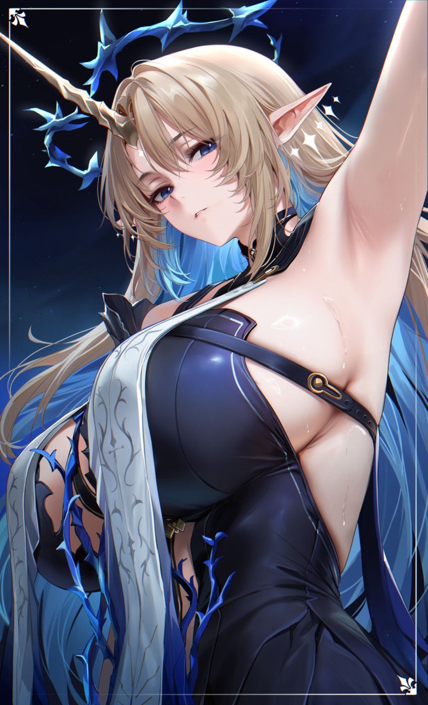 1girl arm_up armpit_focus armpits black_dress blonde_hair blue_background blue_eyes blue_hair blush breasts colored_inner_hair crown_of_thorns dress earrings fleurdelys_(wuthering_waves) floating_earrings halo highres horns huge_breasts jewelry light_blush long_hair long_horns looking_at_viewer multicolored_hair necklace parted_lips pointy_ears presenting_armpit re0n sidelocks single_horn solo sweat tacet_mark_(wuthering_waves) upper_body very_long_hair wuthering_waves yellow_horns