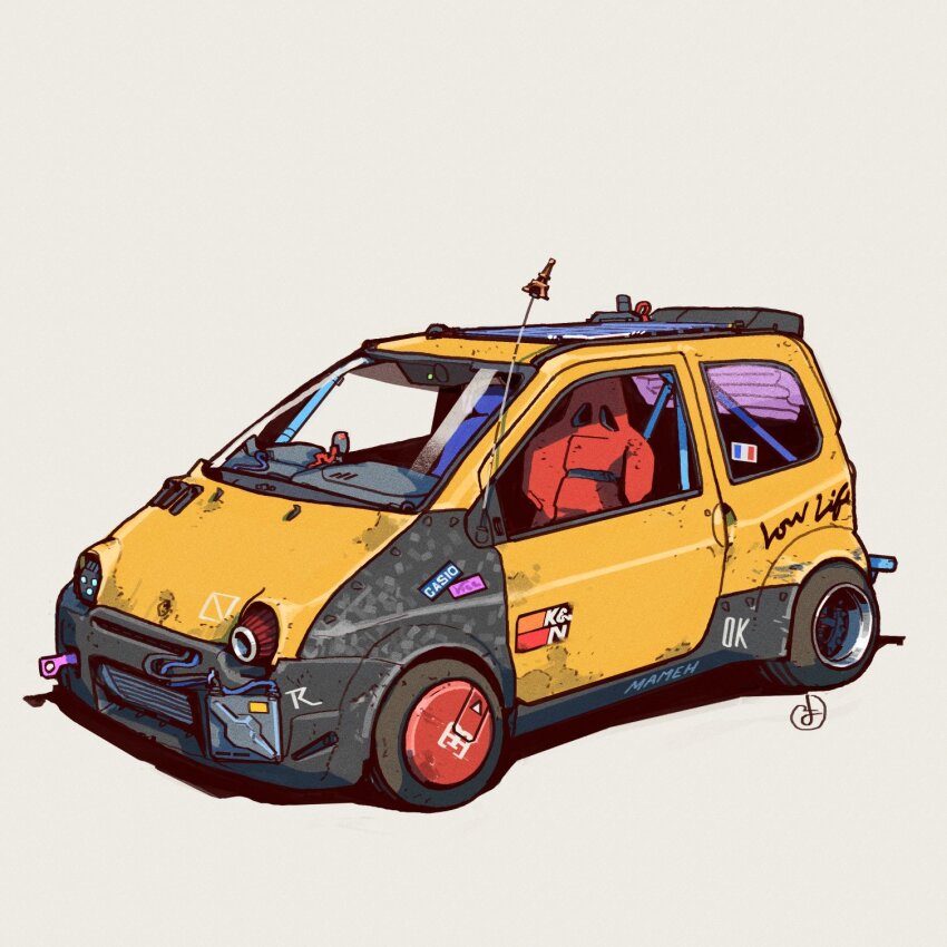 car fernando_correa french_flag grey_background highres motor_vehicle no_humans original renault renault_twingo shadow vehicle_focus yellow_car