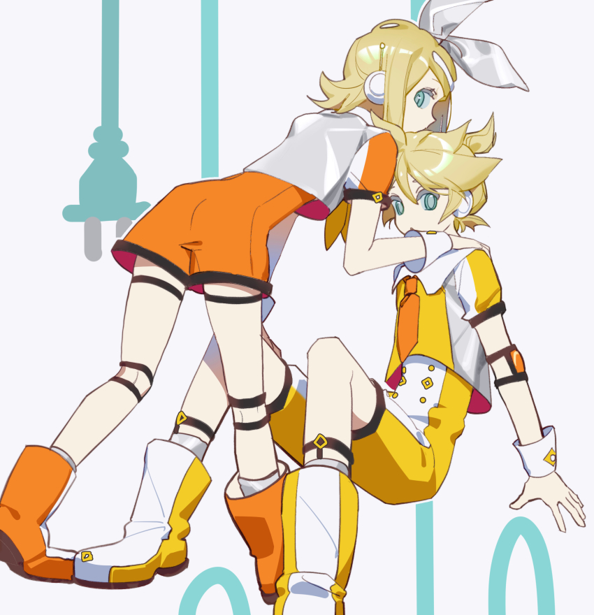 1boy 1girl absurdres ahoge arm_strap blonde_hair blue_eyes boots bow cable kneehighs chi_ya empty_eyes hair_bow hand_on_another&#039;s_knee hand_on_another&#039;s_shoulder highres jumpsuit kagamine_len kagamine_rin knee_strap knees_up leaning_forward magical_mirai_len magical_mirai_len_(2022) magical_mirai_rin magical_mirai_rin_(2022) neckerchief necktie ponytail radio_antenna robot_ears short_sleeves shorts sitting thigh_strap vocaloid wrist_cuffs