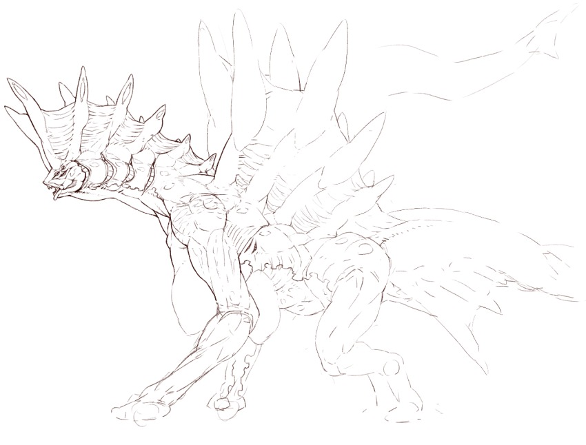 breasts creature dokumushi extra_breasts horns huge_breasts monochrome monster no_humans profile simple_background sketch solo