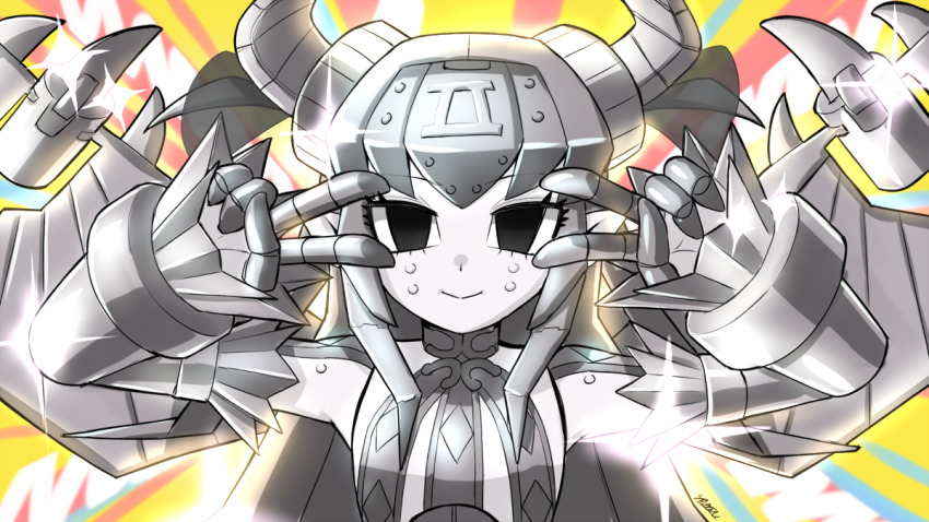 1girl black_eyes breasts curled_horns double_v dragon_horns elizabeth_bathory_(fate) emotional_engine_-_full_drive fate/grand_order fate_(series) female_focus hands_up horns humanoid_robot long_hair looking_at_viewer mecha_eli-chan_mk.ii_(fate) namioka_nishihito parody robot small_breasts solo sparkle sunburst sunburst_background v v_over_eye wings yellow_background