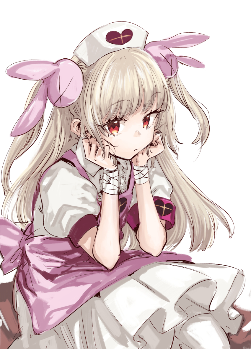 1girl apron armband bandaged_wrist bandages blonde_hair collared_shirt commentary_request dress expressionless feet_out_of_frame hair_ornament hands_on_own_cheeks hands_on_own_face hands_up hat head_rest highres ikuhana_niiro long_hair looking_at_viewer natori_sana natori_sana_(nurse) nurse nurse_cap pantyhose pink_apron puffy_short_sleeves puffy_sleeves rabbit_hair_ornament red_armband red_eyes sana_channel shirt short_sleeves simple_background sitting solo two_side_up virtual_youtuber white_background white_dress white_pantyhose