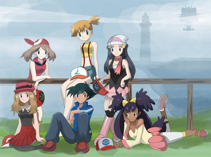 1boy ash_ketchum black_hair blue_hair brown_hair dawn_(pokemon) game_freak gen_1_pokemon iris_(pokemon) may may_(pokemon) meowth misty_(pokemon) multiple_girls nintendo orange_hair pokemon pokemon_(anime) pokemon_(classic_anime) pokemon_bw_(anime) pokemon_dppt_(anime) pokemon_rse_(anime) pokemon_xy_(anime) purple_hair serena_(pokemon) yxyyxy