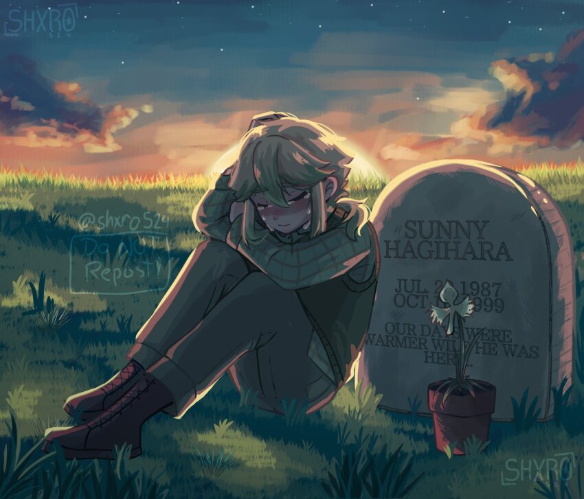1boy alternate_costume artist_name basil_(faraway)_(omori) basil_(omori) blonde_hair boots brown_boots brown_pants collared_shirt crying egret_orchid flower_pot green_sweater_vest highres lace-up_boots male_focus omori outdoors pants plant potted_plant shirt short_hair shxro524 sitting solo sunset sweater_vest tombstone watermark