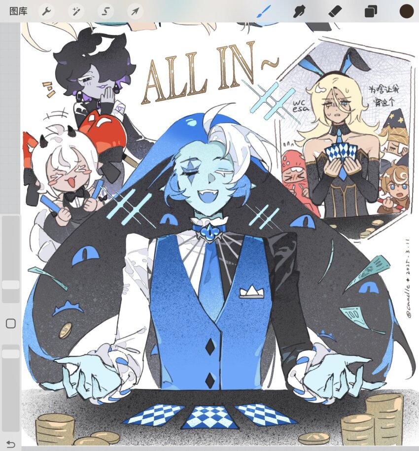alternate_costume animal_ears apple_hair_ornament art_program_in_frame black_sapphire_cookie blue_skin candle_cake_242 candy_apple candy_apple_cookie candy_apple_hair_ornament chinese_text colored_skin cookie_run cookie_run:_kingdom english_text food food-themed_hair_ornament food-themed_hat gingerbrave hair_ornament hat heterochromia highres hood hoodie humanization ice_cream_cone male_playboy_bunny necktie nontraditional_playboy_bunny pink_hoodie pure_vanilla_cookie rabbit_ears shadow_milk_cookie strawberry_cookie waffle_cone wizard wizard_cookie wizard_hat