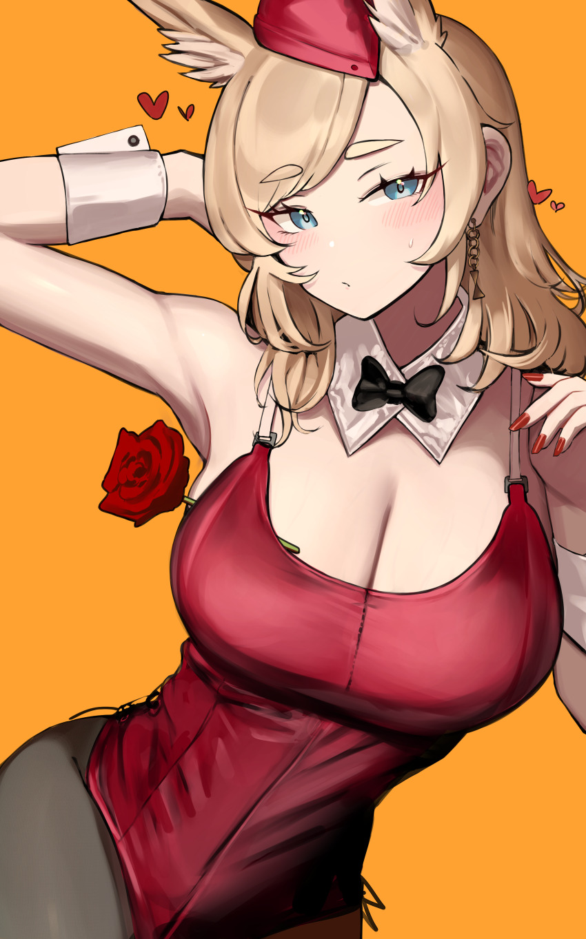 1girl 360_(taiyo360) absurdres alternate_costume animal_ears arknights arm_behind_back arm_up armpits bare_shoulders black_bow black_bowtie black_pantyhose blonde_hair blue_eyes blush bow bowtie breasts cleavage closed_mouth detached_collar earrings extra_ears fingernails flower garrison_cap hat heart highres horse_ears jewelry large_breasts leotard long_fingernails long_hair looking_at_viewer nail_polish no_tail orange_background pantyhose red_flower red_hat red_leotard red_nails red_rose rose simple_background solo swept_bangs traditional_bowtie whislash_(arknights) wrist_cuffs