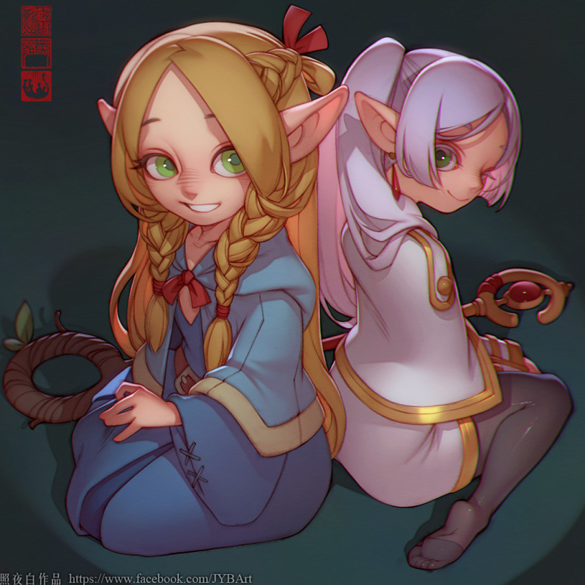 ambrosia_(dungeon_meshi) artist_name back-to-back black_panties blonde_hair blue_capelet blue_robe braid capelet commentary dungeon_meshi earrings elf floating_earring frieren full_body gold_trim green_background green_eyes holding holding_staff hood hooded_capelet jewelry long_hair long_sleeves looking_at_viewer mage_staff marcille_donato no_shoes panties parted_bangs pointy_ears robe season_connection simple_background sitting skirt smile soles sousou_no_frieren staff twintails underwear wariza watermark web_address white_capelet white_hair white_skirt zhaoyebai