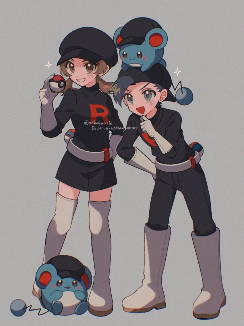 1boy 1girl backwards_hat black_hair black_pants black_skirt blush boots brown_eyes brown_hair creatures_(company) ethan_(pokemon) game_freak gen_2_pokemon hat highres long_hair long_sleeves lyra_(pokemon) marill mikakami1e nintendo open_mouth pants poke_ball pokemon pokemon_(creature) pokemon_hgss shirt short_hair skirt smile team_rocket team_rocket_uniform thigh_boots twintails white_boots