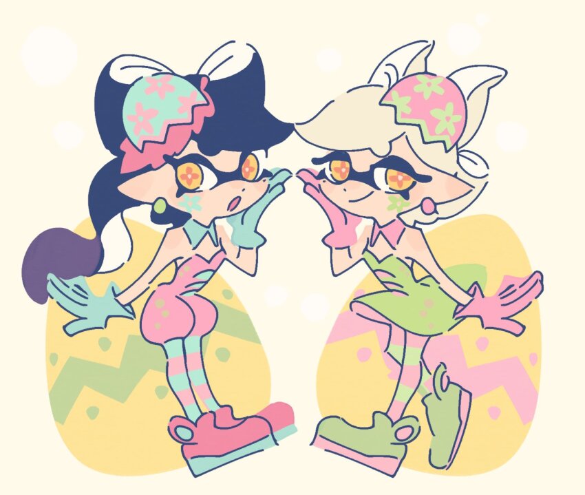 2girls :o ankle_boots bare_shoulders black_hair blue_collar blue_gloves boots bow-shaped_hair callie_(splatoon) callie_(springfest)_(splatoon) closed_mouth collar commentary_request detached_collar dress earrings easter_egg egg egg_earrings eggshell_hat facepaint full_body gloves green_dress green_footwear green_hair grey_hair hand_on_own_cheek hand_on_own_face inkling jewelry jumpsuit long_hair marie_(splatoon) marie_(springfest)_(splatoon) multiple_girls nintendo official_alternate_costume open_mouth orange_eyes pantyhose pink_boots pink_collar pink_gloves pink_jumpsuit short_hair short_jumpsuit smirk splatoon_(series) splatoon_3 star-shaped_pupils star_(symbol) strapless strapless_dress striped_clothes striped_pantyhose swept_bangs symbol-shaped_pupils tentacle_hair thick_eyebrows twintails two-tone_pantyhose ukata white_background
