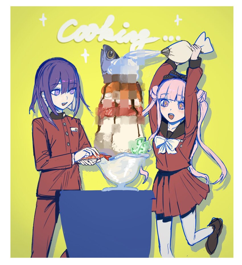 1boy 1girl arms_up border brother_and_sister cooking cooking_pot double_bun fish food frosting hair_between_eyes hair_bun hands_up highres long_hair open_mouth pink_eyes pink_hair pleated_skirt purple_hair red_skirt siblings skirt teeth the_hundred_line_-last_defense_academy- tsukumo_ima tsukumo_kako twins twintails upper_teeth_only white_border yellow_background