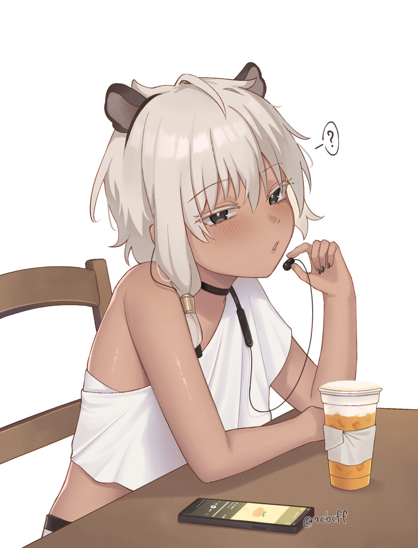 1boy ? animal_ears blush capybara_boy cellphone commentary crop_top dark-skinned_male dark_skin desk earphones elbow_rest english_commentary expressionless extra_ears grey_hair half-closed_eyes highres holding holding_earphones looking_at_viewer looking_to_the_side male_focus on_chair original parted_lips phone rat_squeak shirt short_hair simple_background single_bare_shoulder single_earphone_removed sitting smartphone solo spoken_question_mark three_quarter_view trap twitter_username white_background white_shirt