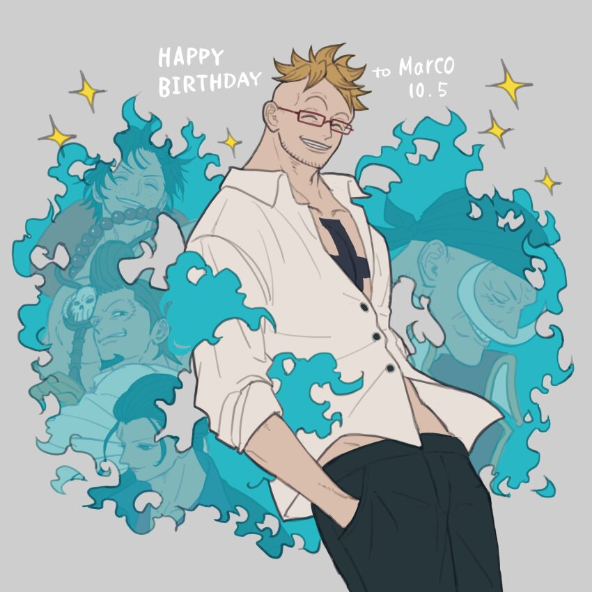5boys ^_^ bandana beard_stubble blonde_hair character_name closed_eyes collared_shirt dated edward_newgate facial_hair glasses goatee hand_in_pocket happy_birthday hey_yo_op highres izou_(one_piece) jewelry long_mustache looking_at_viewer male_focus marco_(one_piece) multiple_boys mustache necklace one_piece pearl_necklace pompadour portgas_d._ace scar scar_on_face shirt short_hair smile sparkle stubble thatch white_shirt wings