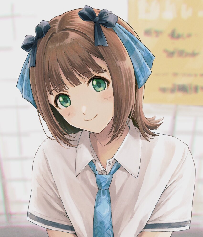 1girl amami_haruka blue_necktie blue_ribbon blunt_bangs blurry blurry_background brown_hair commentary dress_shirt eyelashes flipped_hair green_eyes hair_intakes hair_ribbon highres idolmaster idolmaster_(classic) idolmaster_million_live! idolmaster_million_live!_theater_days light_blush looking_at_viewer medium_hair necktie nogoodlife ribbon rough_time_school_(idolmaster) shirt sidelocks smile solo tile_wall tiles upper_body white_shirt wing_collar
