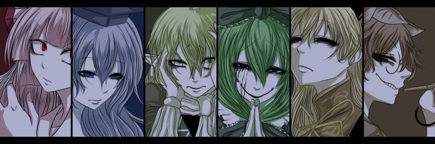 6+girls arm_warmers bags_under_eyes black_eyes blonde_hair blue_eyes blue_hair brown_eyes brown_hair closed_mouth column_lineup expressionless fujiwara_no_mokou futatsuiwa_mamizou glasses green_eyes green_hair grey_hair grin hair_between_eyes hands_on_own_cheeks hands_on_own_face heterochromia highres junko_(touhou) kagiyama_hina kamishirasawa_keine letterboxed long_bangs looking_at_viewer mizuhashi_parsee multiple_girls own_hands_together pointy_ears red_eyes scarf sei_no_ji short_hair smile touhou upper_body white_scarf