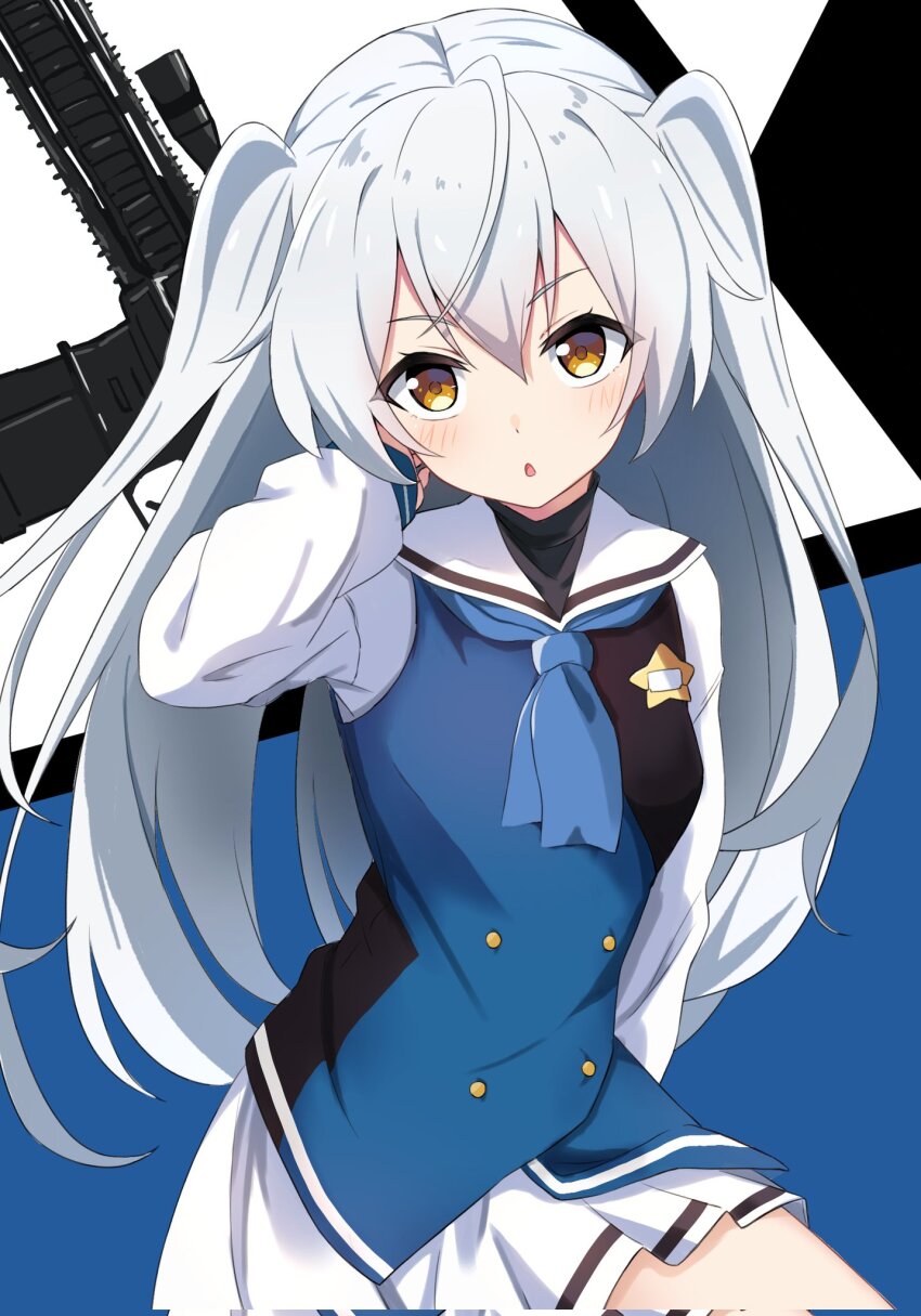 1girl arm_at_side black_vest blue_background blue_neckerchief blue_vest blush brown_eyes buttons commentary_request corrupted_twitter_file cowboy_shot cowlick double-breasted floating_hair grey_hair grisaia_(series) grisaia_phantom_trigger gun hair_between_eyes hand_up highres long_hair long_sleeves looking_at_viewer miniskirt neckerchief open_mouth pleated_skirt poteto_furai sailor_collar school_uniform serafuku shirt shishigaya_touka simple_background skirt solo star_(symbol) two-tone_background two-tone_vest two_side_up upturned_eyes v-shaped_eyebrows very_long_hair vest weapon white_background white_sailor_collar white_shirt white_skirt