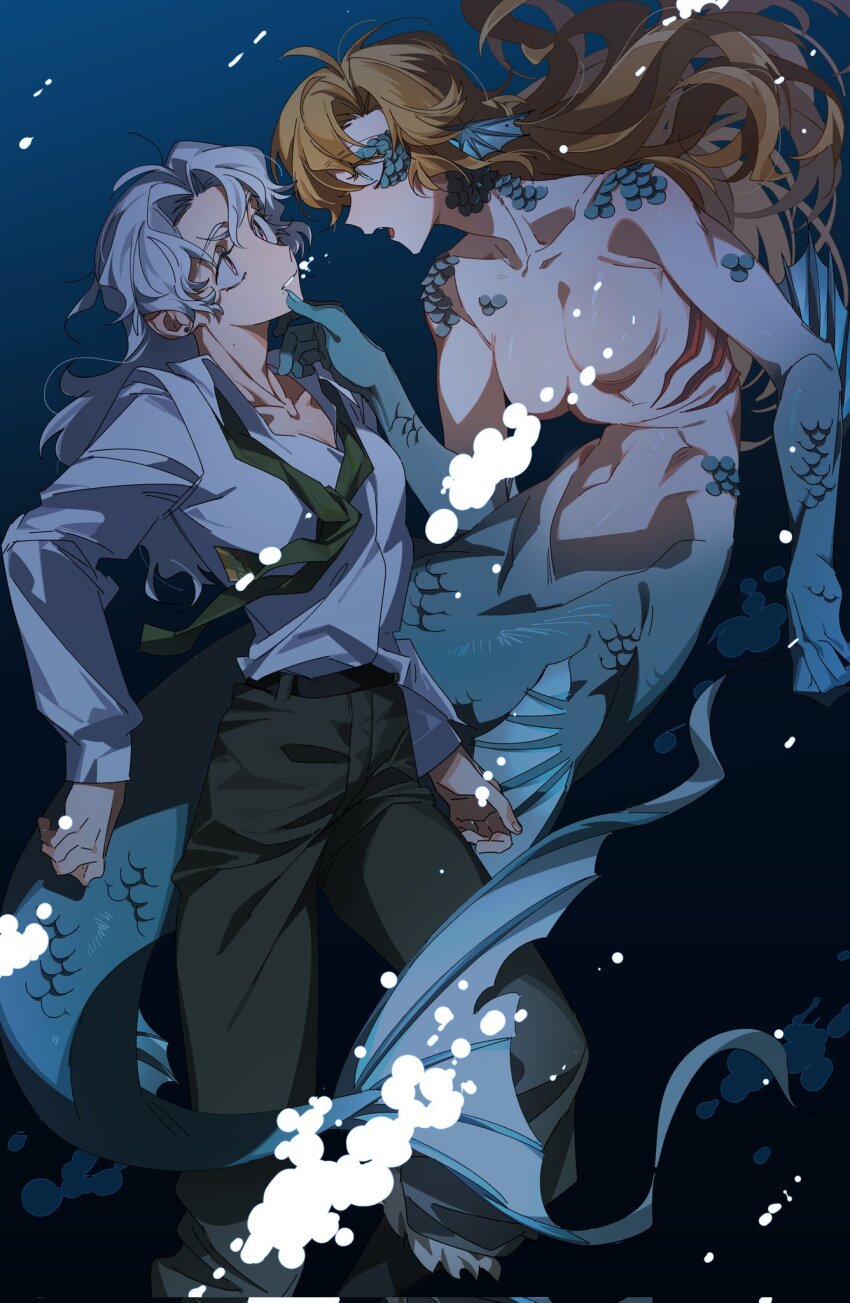2girls blonde_hair blue_eyes breasts bubble collared_shirt face-to-face green_necktie green_pants hand_on_another&#039;s_chin highres long_hair mermaid molu_stranger monster_girl multiple_girls necktie pants pink_eyes reverse:1999 scales shirt underwater vila_(reverse:1999) white_hair white_shirt windsong_(reverse:1999) yuri
