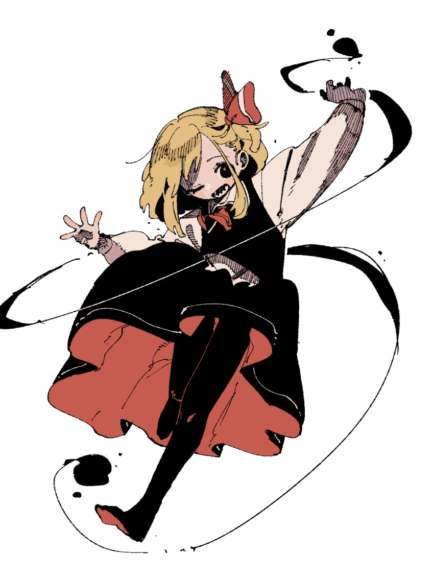 1girl ascot black_pantyhose black_shoes black_skirt black_vest blonde_hair darkness full_body hair_ribbon highres long_sleeves nama_udon one_eye_closed open_mouth pantyhose red_ascot red_ribbon ribbon rumia shoes short_hair simple_background skirt solo touhou vest white_background