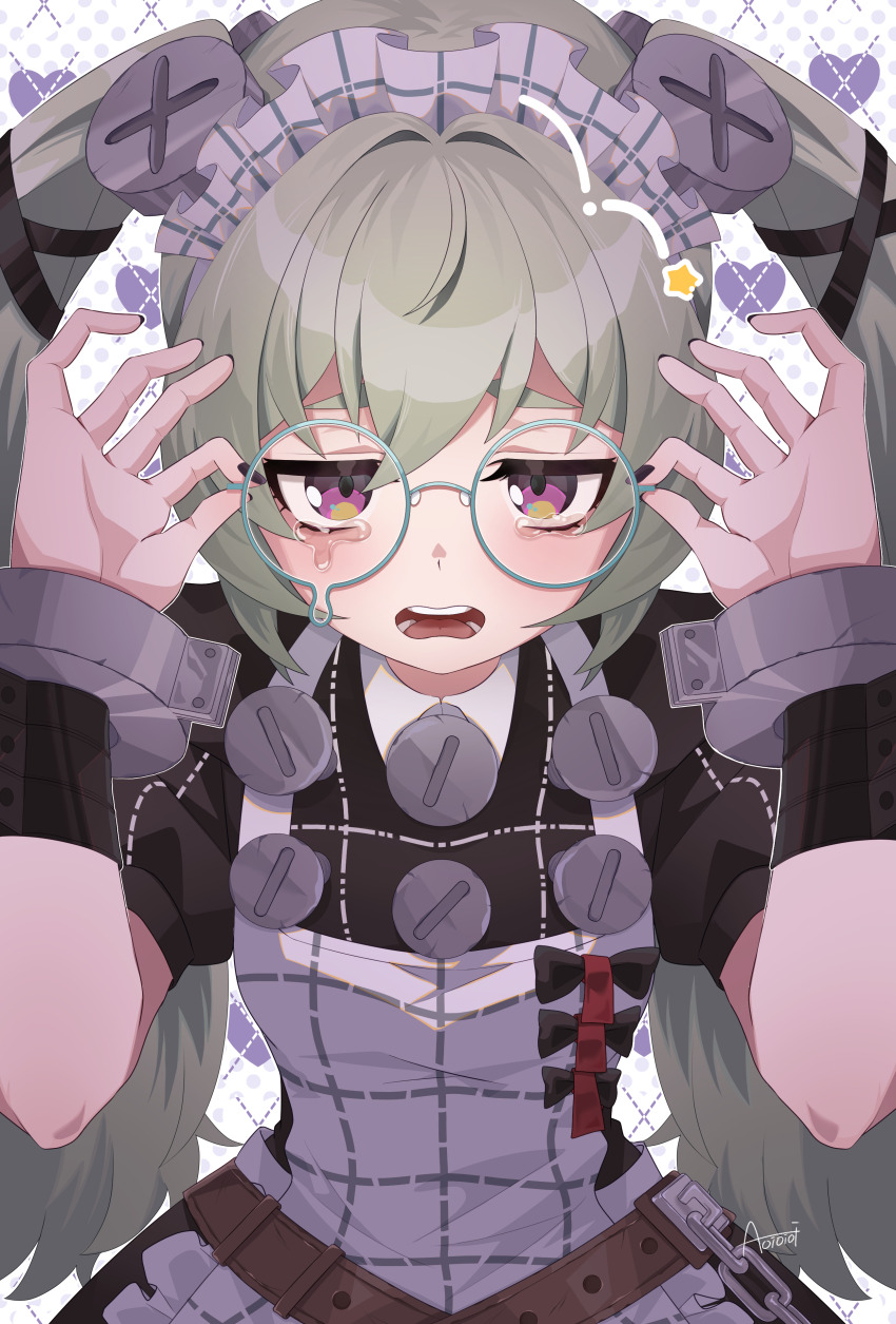 1girl absurdres adjusting_eyewear apron black_dress black_nails corin_wickes dress glasses green_hair hair_between_eyes heart highres looking_at_viewer maid maid_apron maid_headdress nail_polish open_mouth puffy_short_sleeves puffy_sleeves purple_eyes screw screw_hair_ornament short_sleeves solo tears twintails wata_aoioioi white_apron zenless_zone_zero