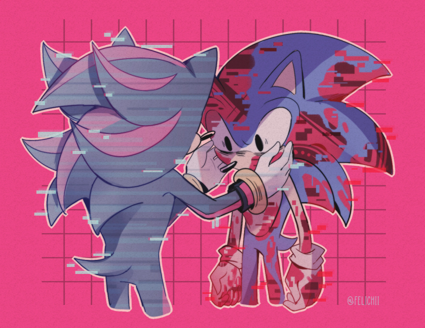 2boys animal_ears animal_nose commentary felichiii furry furry_male glitch gloves hands_on_another&#039;s_face hedgehog_boy hologram male_focus multiple_boys pink_background shadow_the_hedgehog simple_background sonic_(series) sonic_frontiers sonic_the_hedgehog standing tail white_gloves