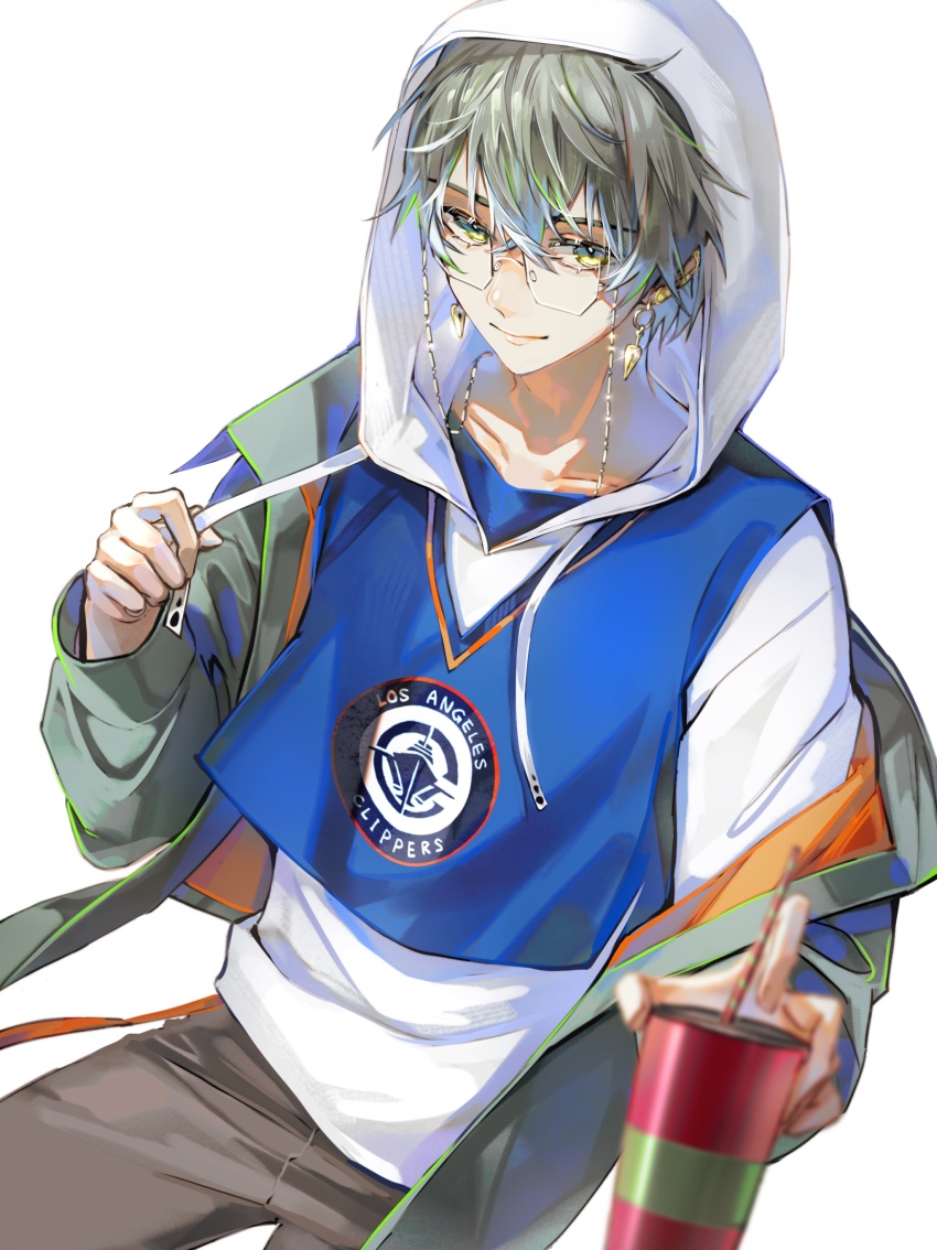 1boy absurdres blue_vest brown_pants closed_mouth cup earrings grey_hair grey_jacket highres holding holding_cup hood hood_up hoodie ike_eveland jacket jewelry looking_at_viewer male_focus multicolored_eyes nijisanji nijisanji_en pants pulling_own_clothes rovaroca simple_background smile solo two-tone_eyes vest virtual_youtuber white_background white_hoodie