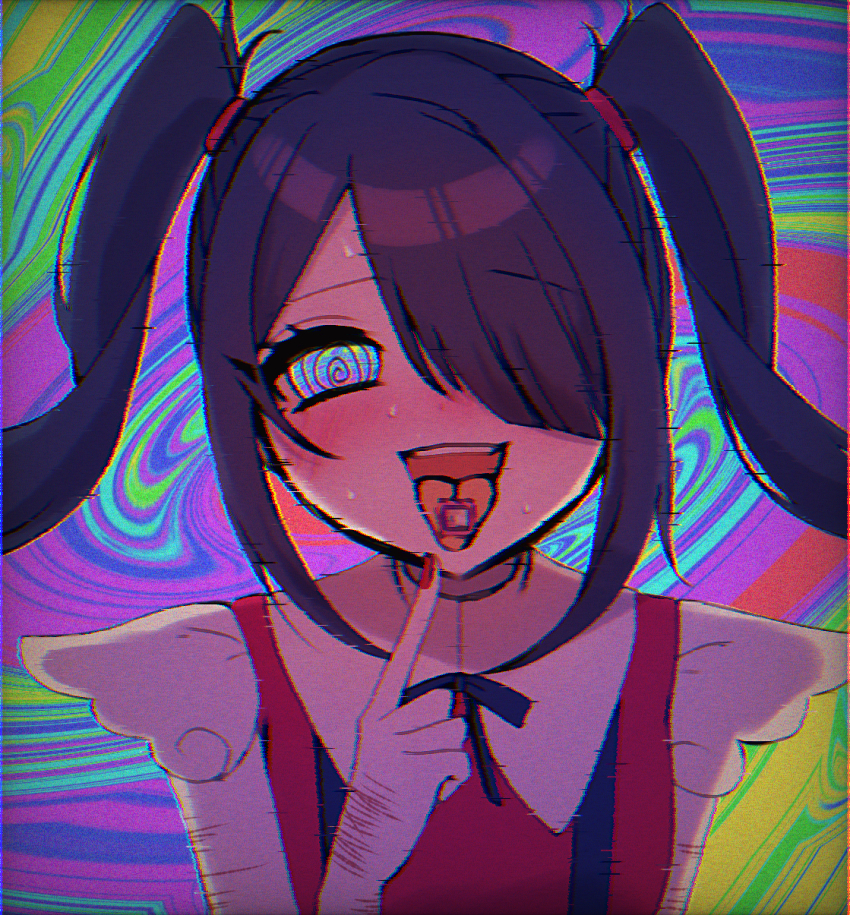1girl :d @_@ abstract_background acid_trip ame-chan_(needy_girl_overdose) backlighting black_hair black_ribbon blush commentary_request drugged drugs finger_to_mouth finger_to_tongue floral_ice glitch hair_over_one_eye hair_tie highres index_finger_raised looking_at_viewer lsd multicolored_eyes neck_ribbon needy_girl_overdose nose_blush one_eye_covered open_mouth portrait postage_stamp psychedelic ribbon self-harm_scar short_sleeves smile solo suspenders sweat teeth tongue tongue_out turtleneck twintails upper_teeth_only