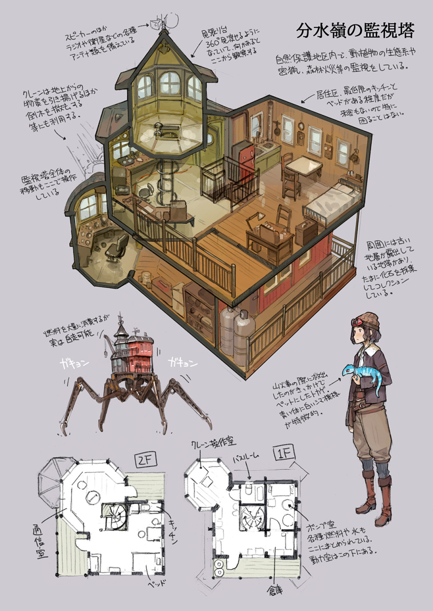 1girl animal_on_arm bed boots brown_boots container desk desk_lamp floorplan goggles goggles_on_head grey_background highres jacket kitchen lamp lizard mechanical_legs medium_hair megaphone original pants public_address_system radio railing refrigerator shelf simple_background sink socks swivel_chair window yoshida_seiji